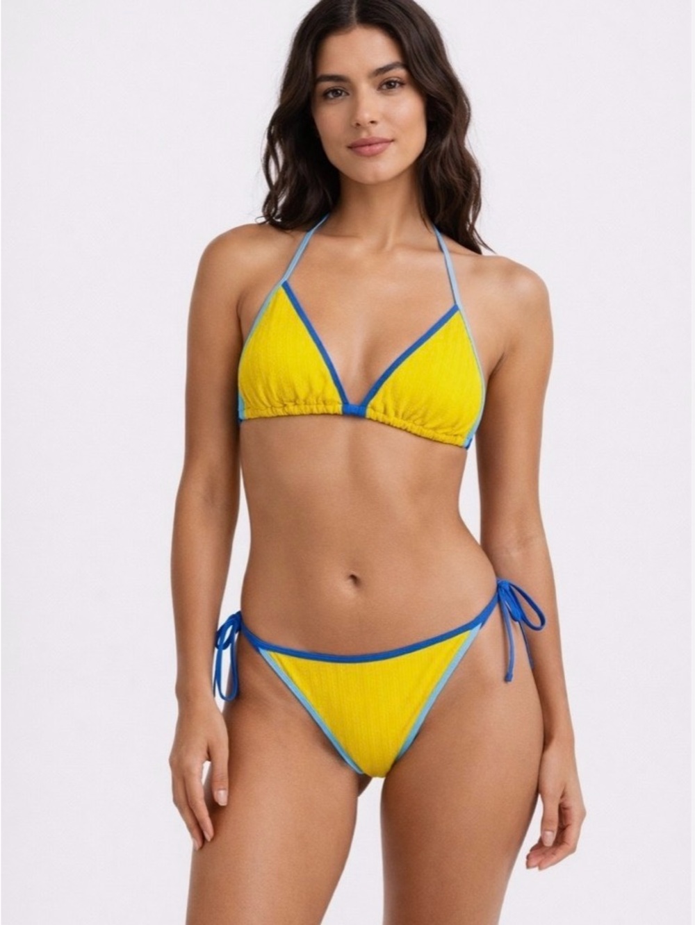 NWT BECCA by Rebecca Virtue Yellow and Blue Contrast Triangle String Bikini
